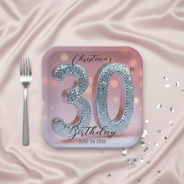 Roze en Zilveren Sparkling Disco Ball 30e verjaard Papieren Bordje