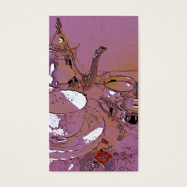 Roze en zilveren theeset visitekaartjes (Voorkant)