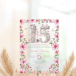 Roze en Zilveren Tiara Mis Quince Quinceañera Acryl Uitnodigingen