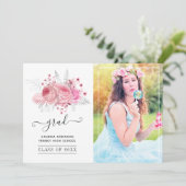 Roze en zilveren tropische Afstuderen Foto Aankondiging (Staand voorkant)