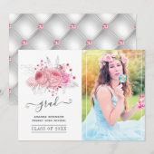 Roze en zilveren tropische Afstuderen Foto Aankondiging (Voorkant / Achterkant)