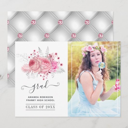 Roze en zilveren tropische Afstuderen Foto Aankondiging (Voorkant / Achterkant)