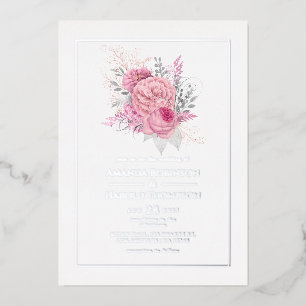 Roze en zilveren tropische bloem bruiloft folie ui uitnodiging