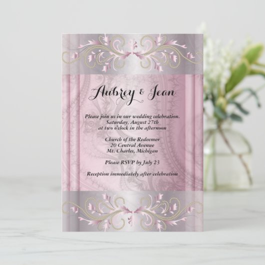 Roze en zilveren trouwuitnodiging kaart (Staand voorkant)