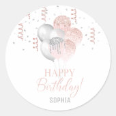 Roze en Zilveren Verjaardag Ronde Sticker (Voorkant)