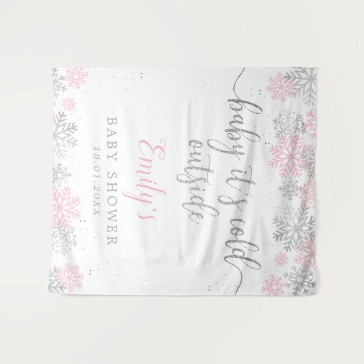 Roze en zilveren winter sneeuwvlokken meisje baby  wandkleed (Voorkant (horizontaal))