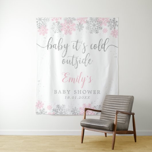 Roze en zilveren winter sneeuwvlokken meisje baby  wandkleed (In situ)