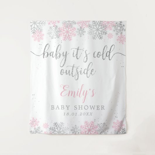 Roze en zilveren winter sneeuwvlokken meisje baby  wandkleed (Voorkant)