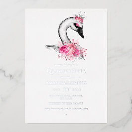 Roze en Zilveren Zwaan Quinceañera Folie Uitnodigi Uitnodiging