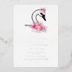 Roze en Zilveren Zwaan Quinceañera Folie Uitnodigi Uitnodiging