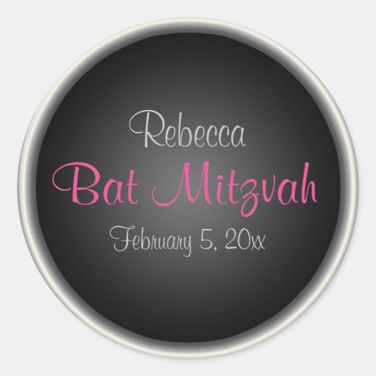 Roze en Zwart 1,5" Ronde Bat Mitzvah Sticker (Voorkant)