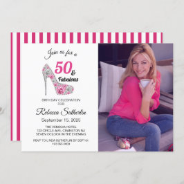 Roze en zwart 50 en Fabulous Birthday Party Kaart