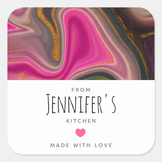 Roze en zwart Abstract met Gold Swirls Kitchen Vierkante Sticker (Voorkant)