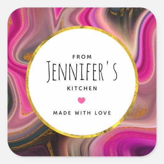 Roze en zwart Abstract met Gold Swirls Kitchen Vierkante Sticker (Voorkant)