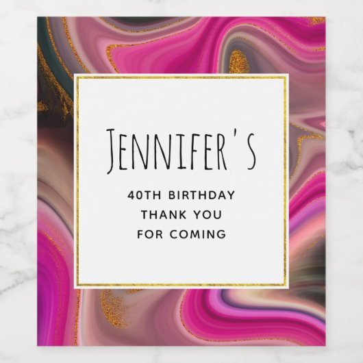 Roze en zwart Abstract met Gold Swirls Party Wijn Etiket (Enkel label)