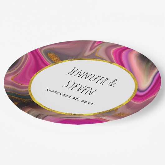 Roze en zwart Abstract met Gold Swirls Wedding Papieren Bordje (Gekanteld)