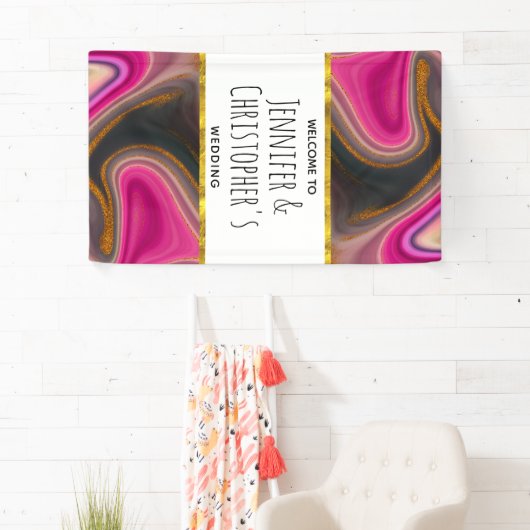 Roze en zwart Abstract met Gold Swirls Wedding Spandoek (Insitu)