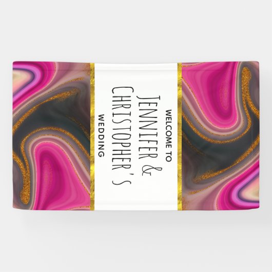 Roze en zwart Abstract met Gold Swirls Wedding Spandoek (Horizontaal)