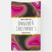 Roze en zwart Abstract met Gold Swirls Wedding Spandoek (Verticaal)