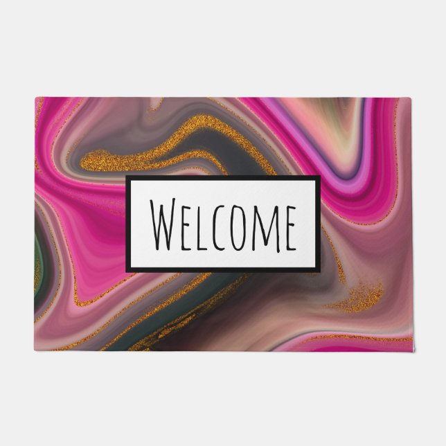 Roze en Zwart Abstract met Gouden Swirls Welkom Deurmat (Voorkant)