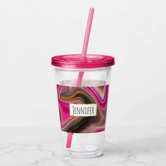 Roze en zwart, Abstract met goudziren Acryl Drinkbeker (Achterkant)