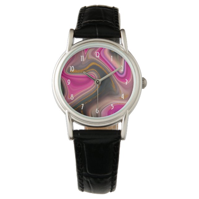 Roze en zwart, Abstract met goudziren Horloge (Voorkant)