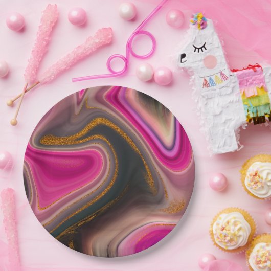 Roze en zwart, Abstract met goudziren Papieren Bordje (Feest)