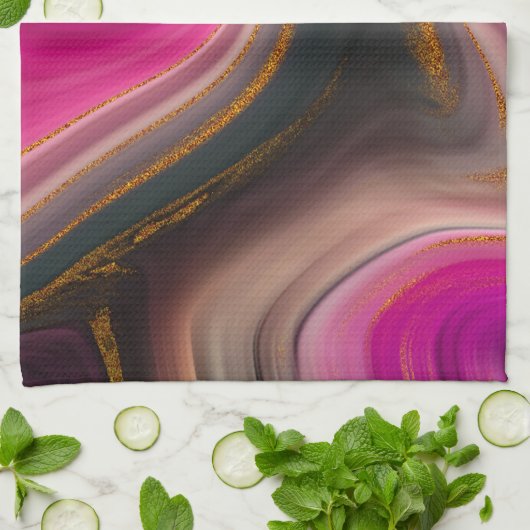 Roze en zwart, Abstract met goudziren Theedoek (Gevouwen)