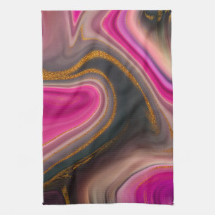 Roze en zwart, Abstract met goudziren Theedoek