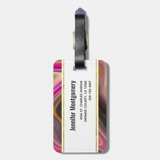 Roze en zwart, Abstract met goudzirls Monogram Bagagelabel (Achterkant verticaal)