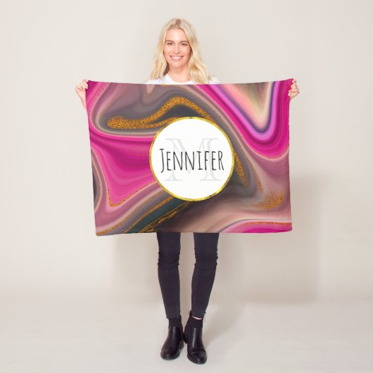 Roze en zwart, Abstract met goudzirls Monogram Fleece Deken (In situ)