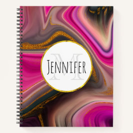 Roze en zwart, Abstract met goudzirls Monogram Notitieboek