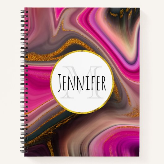 Roze en zwart, Abstract met goudzirls Monogram Notitieboek (Voorkant)