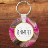 Roze en zwart, Abstract met goudzirls Monogram Sleutelhanger (Voorkant)