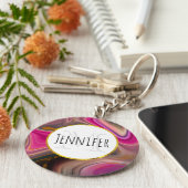 Roze en zwart, Abstract met goudzirls Monogram Sleutelhanger (Zijkant)