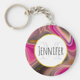 Roze en zwart, Abstract met goudzirls Monogram Sleutelhanger