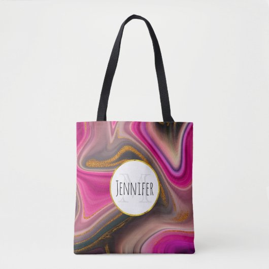 Roze en zwart, Abstract met goudzirls Monogram Tote Bag (Voorkant)