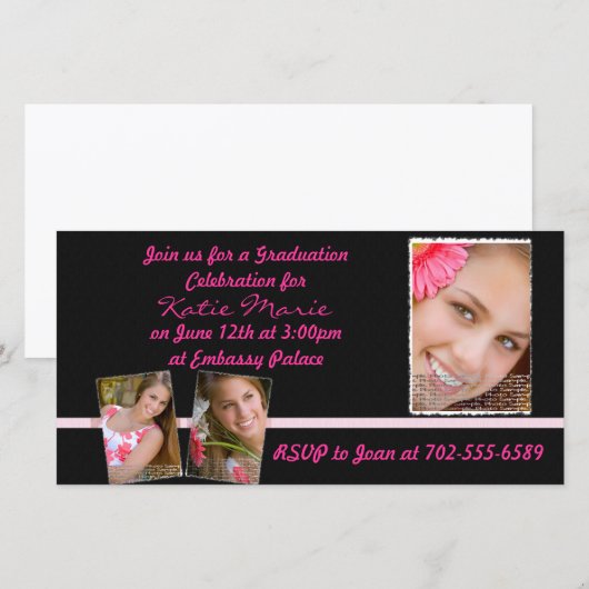Roze en zwart Afstuderen uitnodigen (Voorkant / Achterkant)