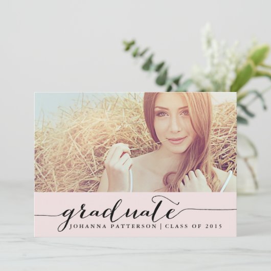 Roze en zwart | Afstuderen uitnodiging (Staand voorkant)