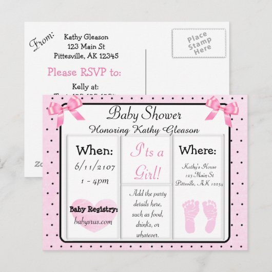Roze en Zwart Baby shower Invitation Briefkaart (Voorkant / Achterkant)