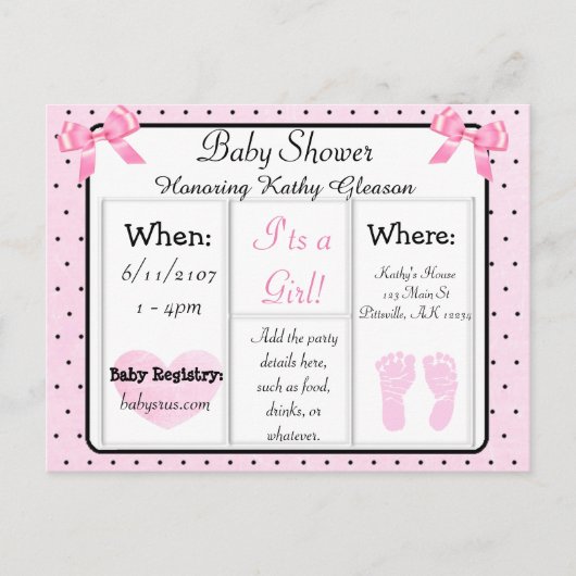Roze en Zwart Baby shower Invitation Briefkaart (Voorkant)