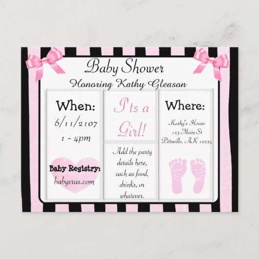 Roze en Zwart Baby shower Invitation Briefkaart (Voorkant)
