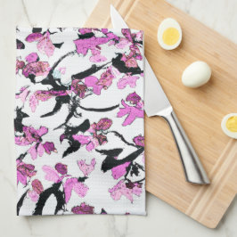 Roze en zwart bladpatroon theedoek