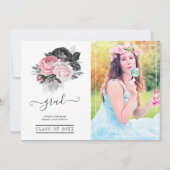 Roze en Zwart Bloemen Afstuderen Foto Aankondiging (Voorkant)