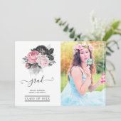 Roze en Zwart Bloemen Afstuderen Foto Aankondiging (Staand voorkant)
