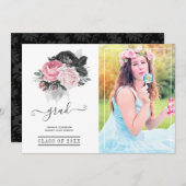 Roze en Zwart Bloemen Afstuderen Foto Aankondiging (Voorkant / Achterkant)