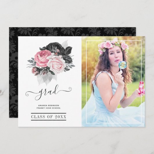 Roze en Zwart Bloemen Afstuderen Foto Aankondiging (Voorkant / Achterkant)