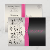 Roze en Zwart Bloemen RSVP Briefkaart (Voorkant / Achterkant)