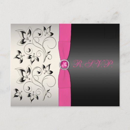 Roze en Zwart Bloemen RSVP Briefkaart (Voorkant)