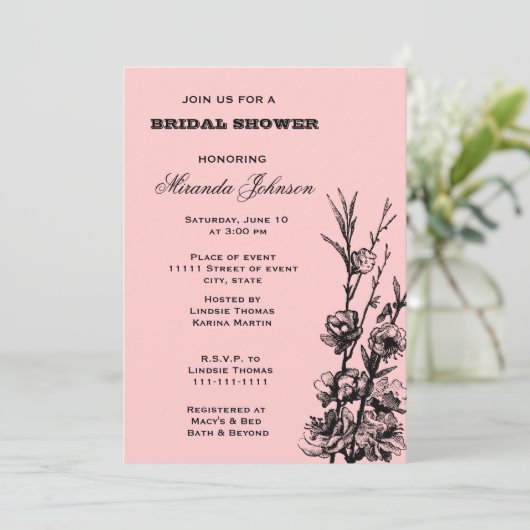 Roze en Zwart Bloemen Vrijgezellenfeest Kaart (Staand voorkant)